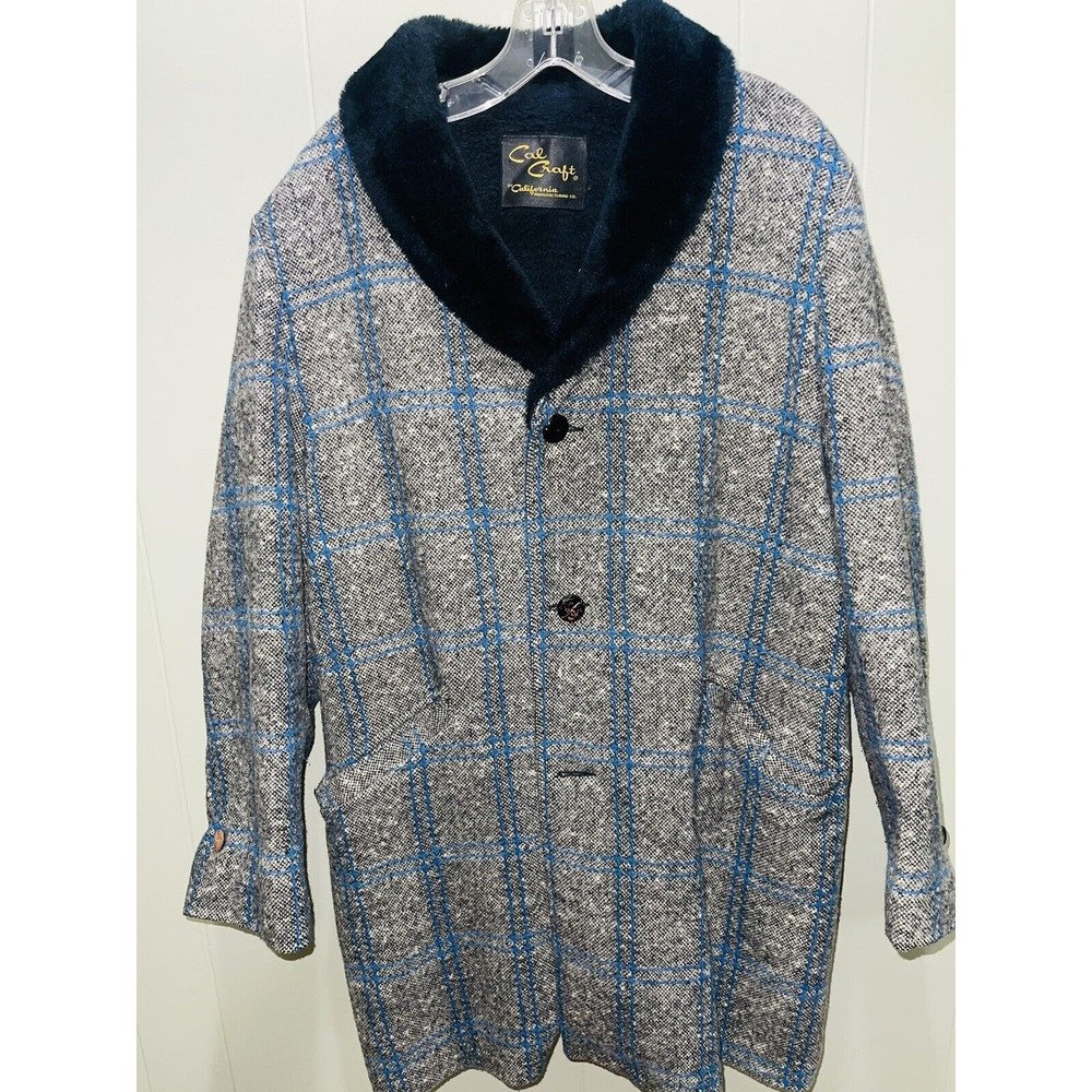 CAL CRAFT vtg Men's M Faux Sherpa lined Trench Coat Mod Jacket Button Gray Blue